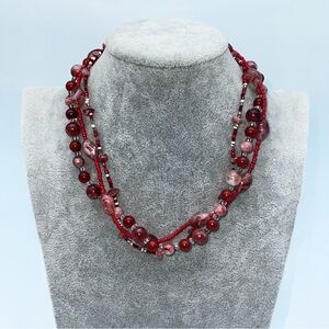 Triple Strand Of Red Lucite And Acrylic Beaded Necklace Length 16” With 2.5” Ext